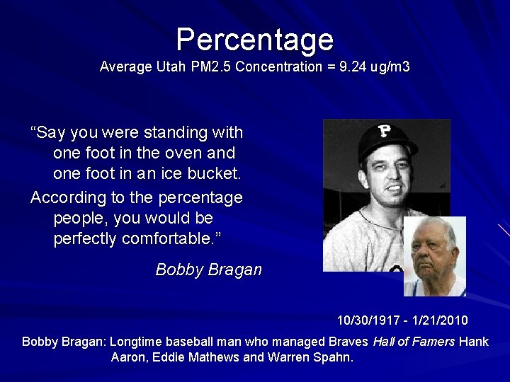 Percentage Average Utah PM 2. 5 Concentration = 9. 24 ug/m 3 “Say you