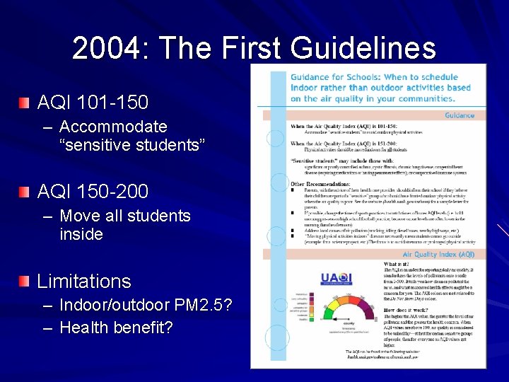 2004: The First Guidelines AQI 101 -150 – Accommodate “sensitive students” AQI 150 -200
