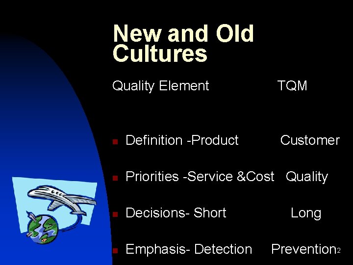 New and Old Cultures Quality Element TQM n Definition -Product Customer n Priorities -Service