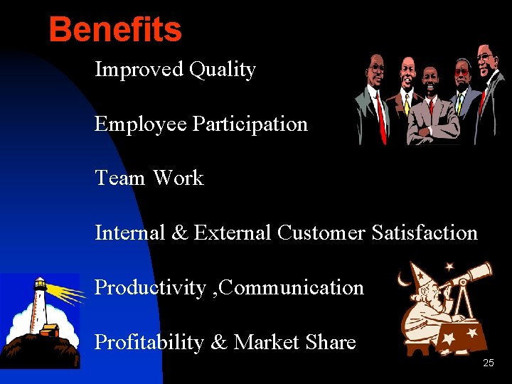 Benefits Improved Quality Employee Participation Team Work Internal & External Customer Satisfaction Productivity ,
