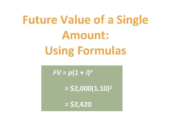 Future Value of a Single Amount: Using Formulas FV = p(1 + i)n =