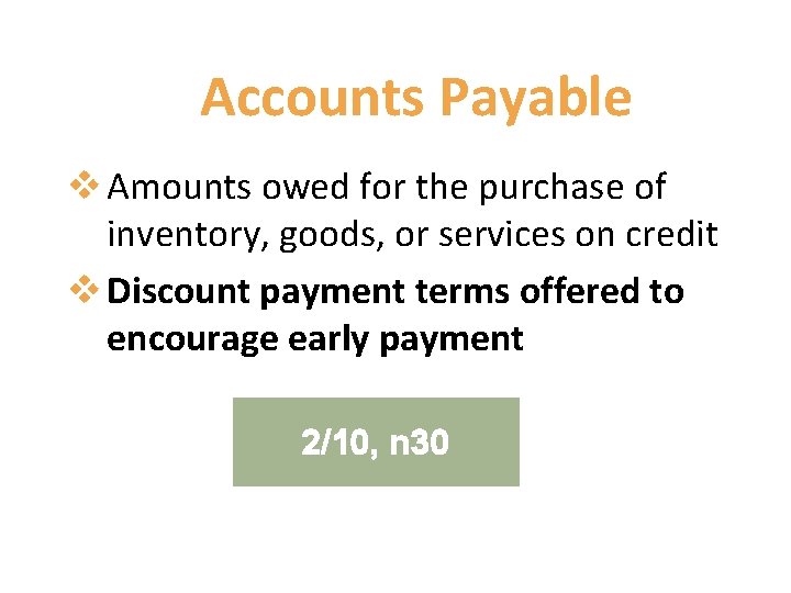 Accounts Payable v Amounts owed for the purchase of inventory, goods, or services on