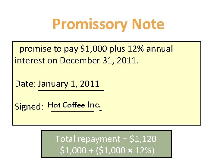 Promissory Note I promise to pay $1, 000 plus 12% annual interest on December