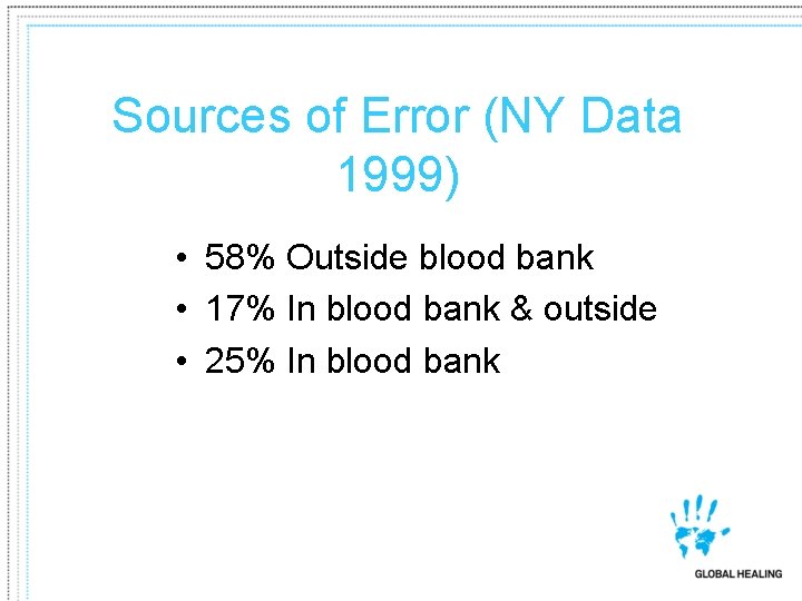 Sources of Error (NY Data 1999) • 58% Outside blood bank • 17% In