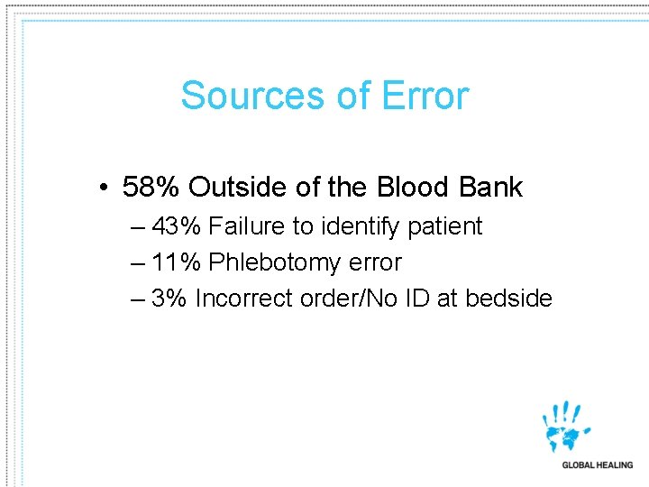 Sources of Error • 58% Outside of the Blood Bank – 43% Failure to