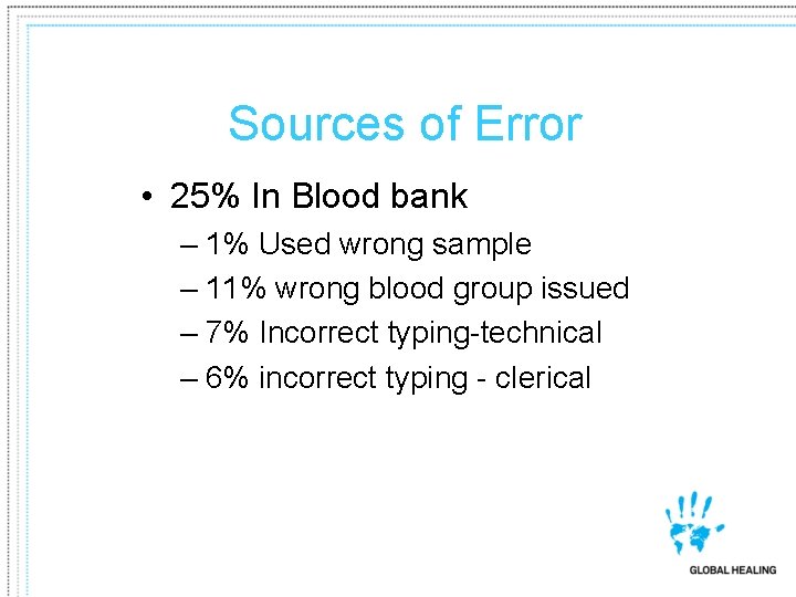 Sources of Error • 25% In Blood bank – 1% Used wrong sample –