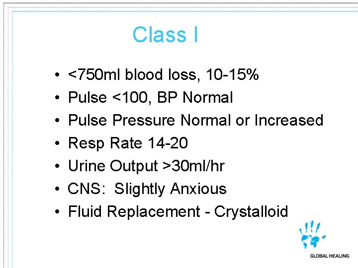 Class I • • <750 ml blood loss, 10 -15% Pulse <100, BP Normal