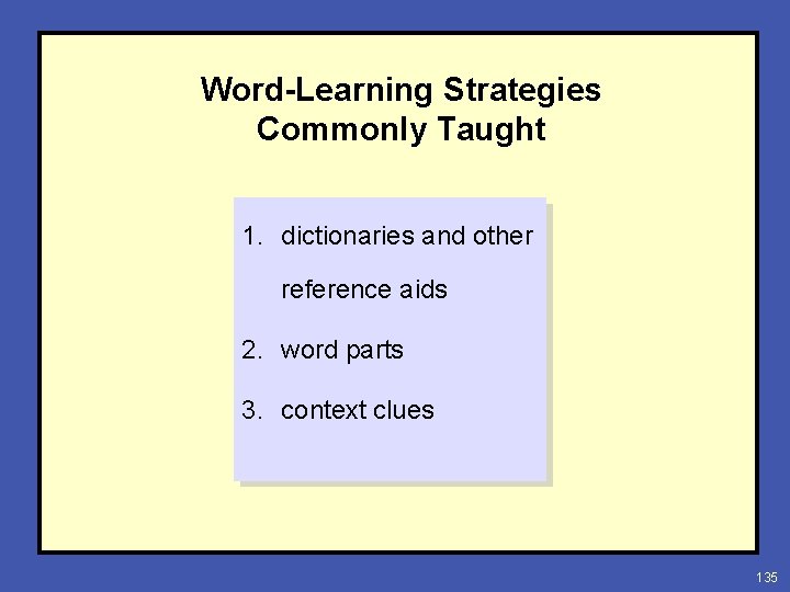 Word-Learning Strategies Commonly Taught 1. dictionaries and other reference aids 2. word parts 3.