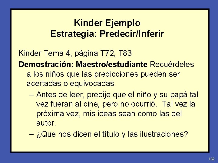 Kinder Ejemplo Estrategia: Predecir/Inferir Kinder Tema 4, página T 72, T 83 Demostración: Maestro/estudiante