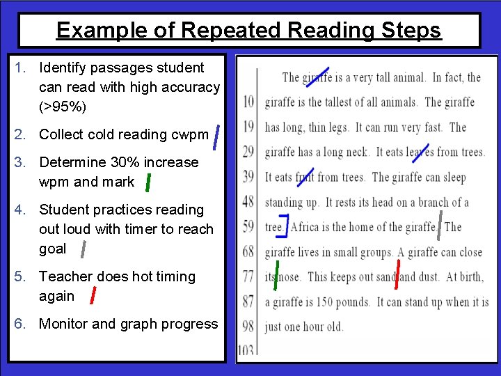 Example of Repeated Reading Steps 1. Identify passages student can read with high accuracy