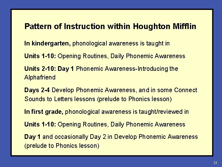 Pattern of Instruction within Houghton Mifflin In kindergarten, phonological awareness is taught in Units