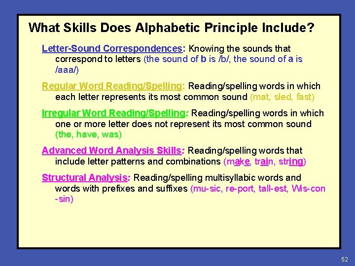 What Skills Does Alphabetic Principle Include? Letter-Sound Correspondences: Knowing the sounds that correspond to