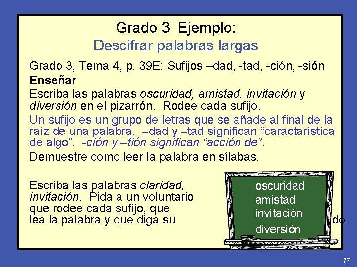 Grado 3 Ejemplo: Descifrar palabras largas Grado 3, Tema 4, p. 39 E: Sufijos