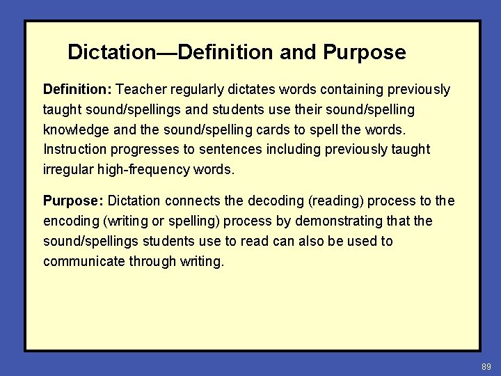 Dictation—Definition and Purpose Definition: Teacher regularly dictates words containing previously taught sound/spellings and students