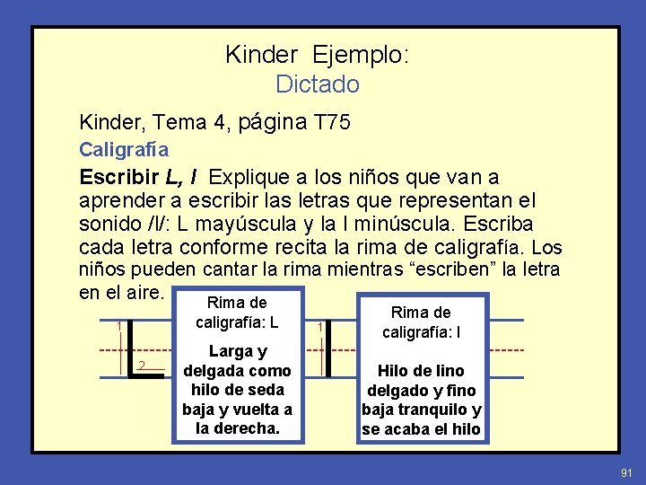 Kinder Ejemplo: Dictado Kinder, Tema 4, página T 75 Caligrafía Escribir L, l Explique