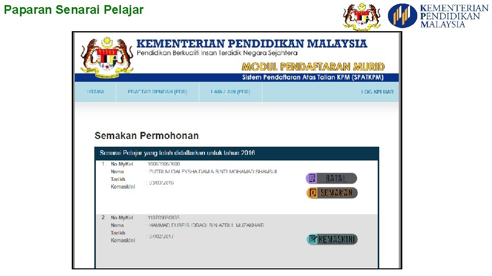 Paparan Senarai Pelajar 