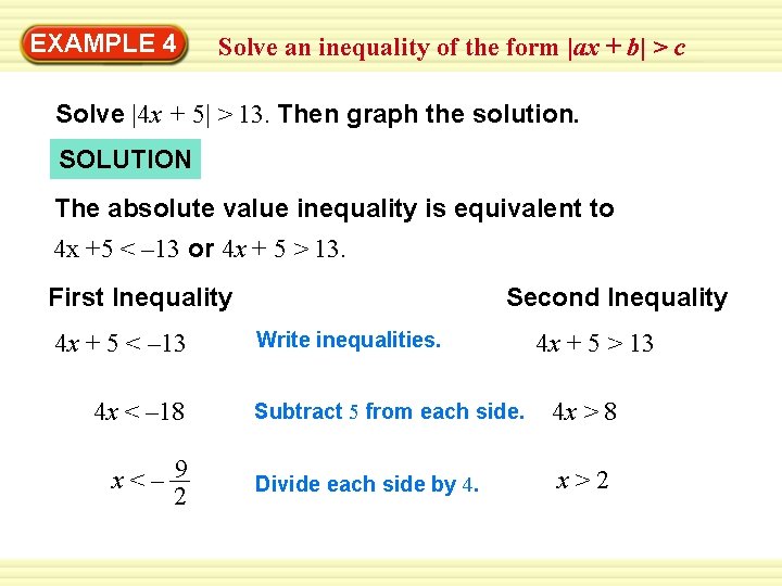 EXAMPLE 4 Solve an inequality of the form |ax + b| > c Solve