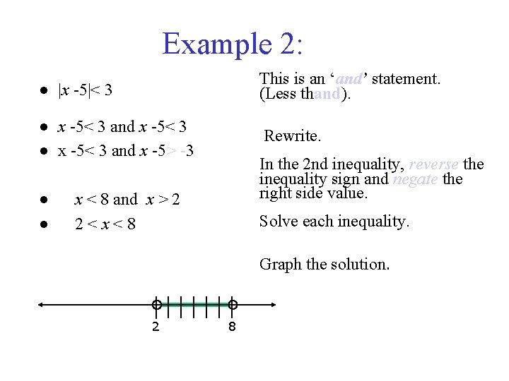 Example 2: ● |x -5|< 3 This is an ‘and’ statement. (Less thand). ●