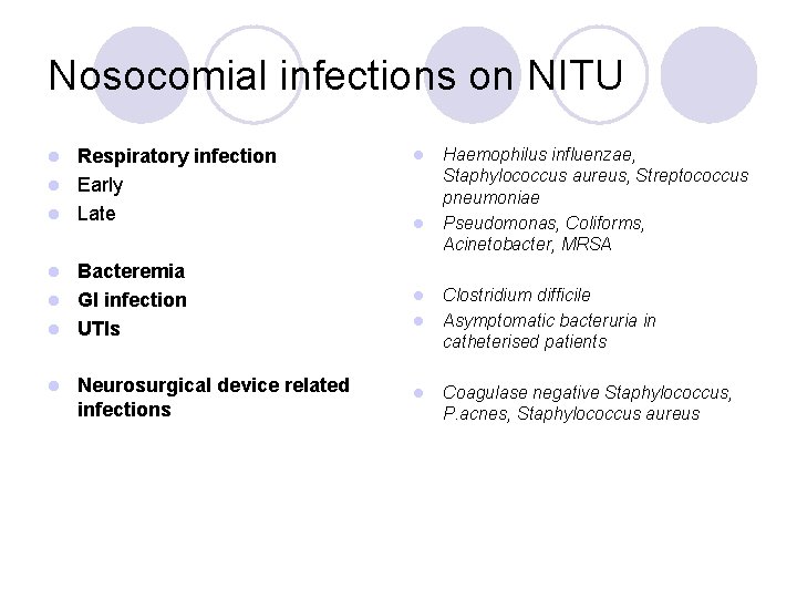 Nosocomial infections on NITU Respiratory infection l Early l Late l Bacteremia l GI