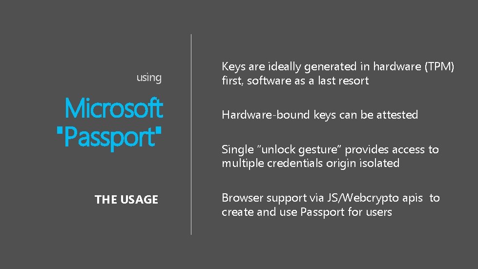 using Microsoft "Passport" THE USAGE Keys are ideally generated in hardware (TPM) first, software