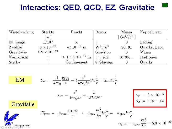 Interacties: QED, QCD, EZ, Gravitatie EM Gravitatie Voorjaar 2010 12 