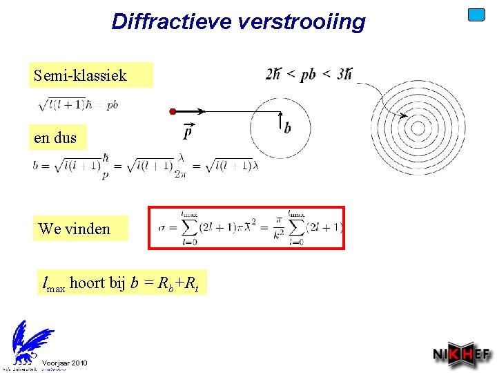 Diffractieve verstrooiing Semi-klassiek en dus We vinden lmax hoort bij b = Rb+Rt Voorjaar