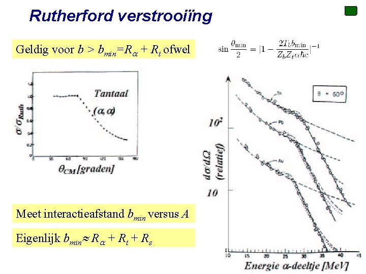 Rutherford verstrooiïng Geldig voor b > bmin=Ra + Rt ofwel Meet interactieafstand bmin versus