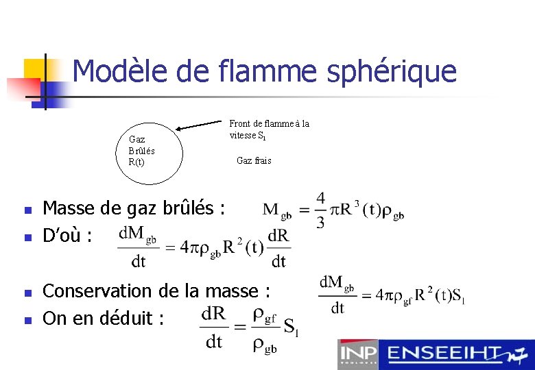 Modèle de flamme sphérique Gaz Brûlés R(t) n n Front de flamme à la