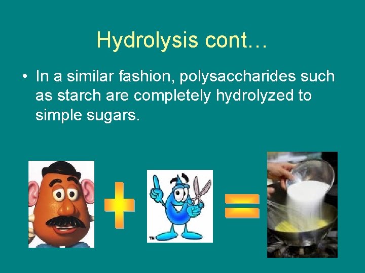 Hydrolysis cont… • In a similar fashion, polysaccharides such as starch are completely hydrolyzed