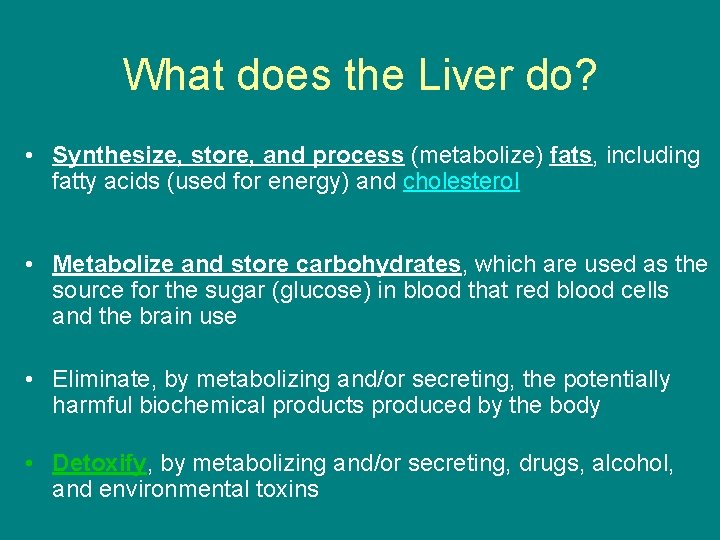 What does the Liver do? • Synthesize, store, and process (metabolize) fats, including fatty