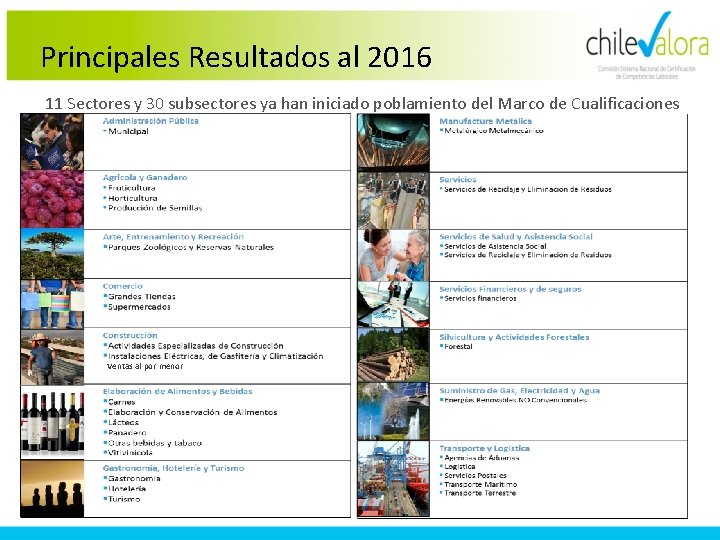 Principales Resultados al 2016 11 Sectores y 30 subsectores ya han iniciado poblamiento del