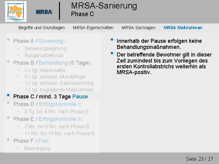 MRSA Begriffe und Grundlagen • • • MRSA-Sanierung Phase C MRSA Eigenschaften Phase A
