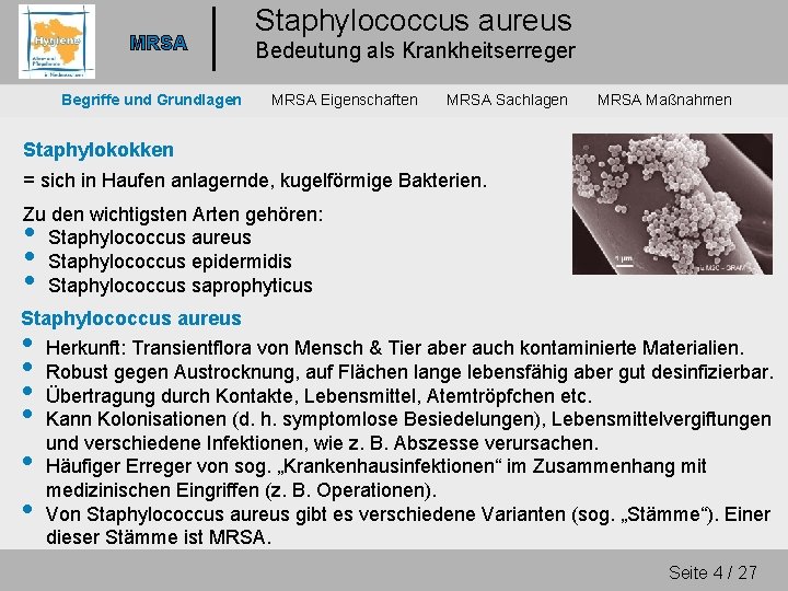 MRSA Begriffe und Grundlagen Staphylococcus aureus Bedeutung als Krankheitserreger MRSA Eigenschaften MRSA Sachlagen MRSA