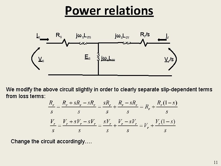 Power relations Is Rs jωs. Lσr Es Ir 3 3 Vs Rr/s 3 3