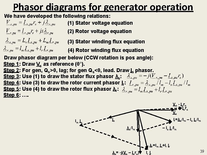 Phasor diagrams for generator operation We have developed the following relations: (1) Stator voltage