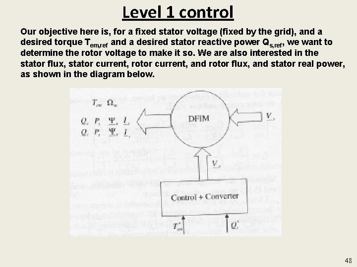 Level 1 control Our objective here is, for a fixed stator voltage (fixed by