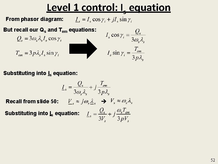 Level 1 control: Is equation From phasor diagram: But recall our Qs and Tem