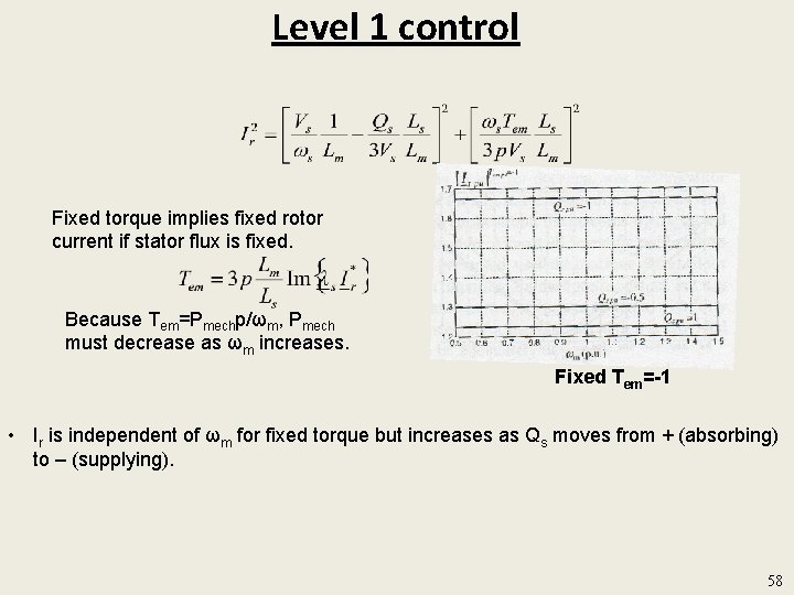 Level 1 control Fixed torque implies fixed rotor current if stator flux is fixed.