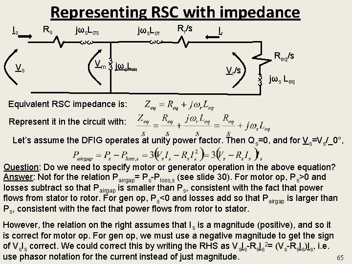 Representing RSC with impedance Is Rs jωs. Lσs Rr/s Ir 3 3 Vs jωs.
