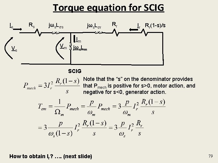 Torque equation for SCIG Is Rs jωs. Lσr Rr Ir Rr(1 -s)/s 3 3