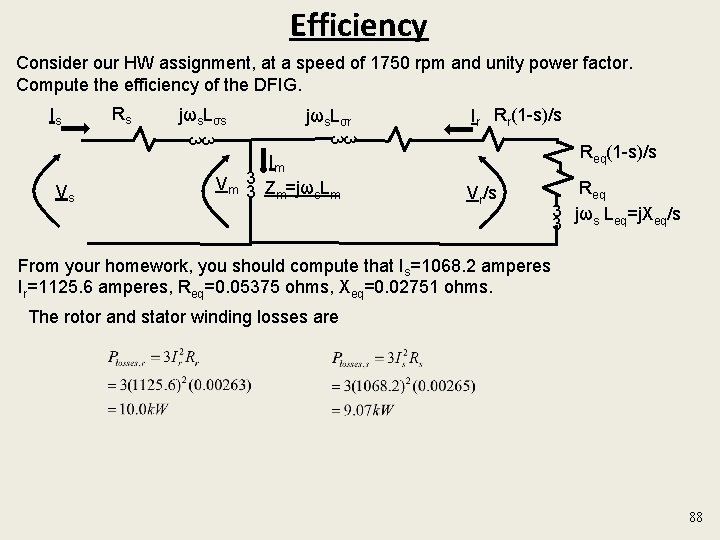 Efficiency Consider our HW assignment, at a speed of 1750 rpm and unity power