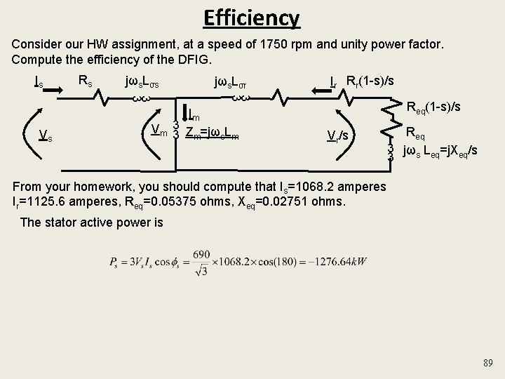 Efficiency Consider our HW assignment, at a speed of 1750 rpm and unity power