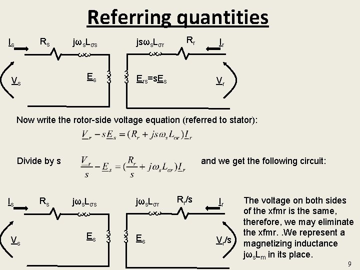 Referring quantities Rs Is jsωs. Lσr jωs. Lσs Ir 3 3 Es Vs Rr