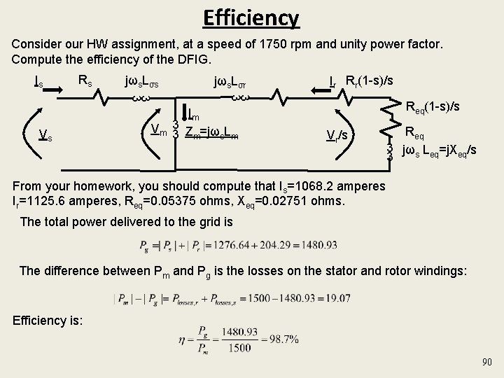 Efficiency Consider our HW assignment, at a speed of 1750 rpm and unity power