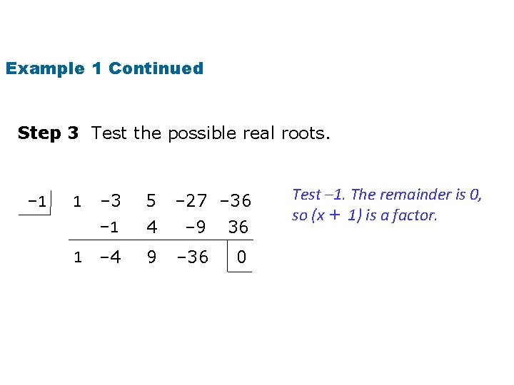 Example 1 Continued Step 3 Test the possible real roots. – 1 – 3