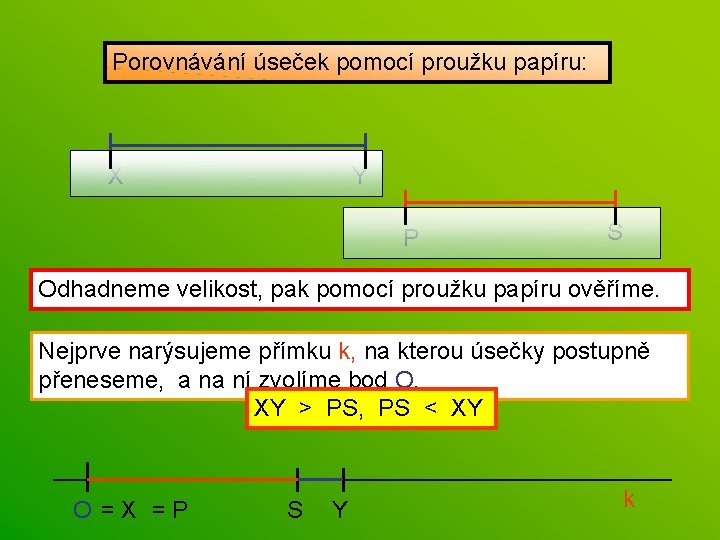 Porovnávání úseček pomocí proužku papíru: X Y P S Odhadneme velikost, pak pomocí proužku