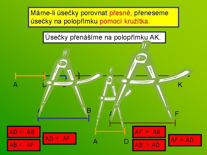 Máme-li úsečky porovnat přesně, přeneseme úsečky na polopřímku pomocí kružítka. Úsečky přenášíme na polopřímku