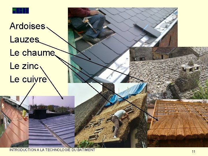 Ardoises Lauzes Le chaume Le zinc Le cuivre INTRODUCTION A LA TECHNOLOGIE DU BATIMENT