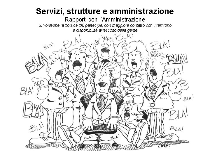 Servizi, strutture e amministrazione Rapporti con l’Amministrazione Si vorrebbe la politica più partecipe, con