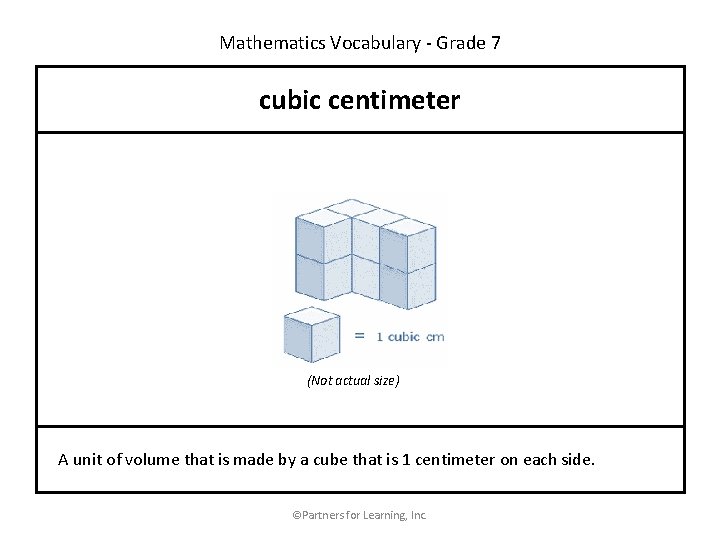 Mathematics Vocabulary - Grade 7 cubic centimeter (Not actual size) A unit of volume